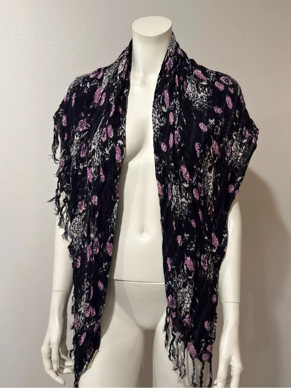 Boho Floral Fringe Black Scarf Pink & White
